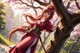 A woman with long red hair in a red outfit leans against a tree in a blossoming garden.